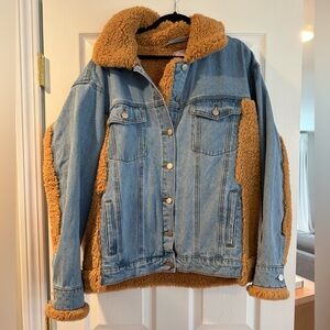Picking Sides Medium Wash Sherpa Detail Oversized Denim Jacket